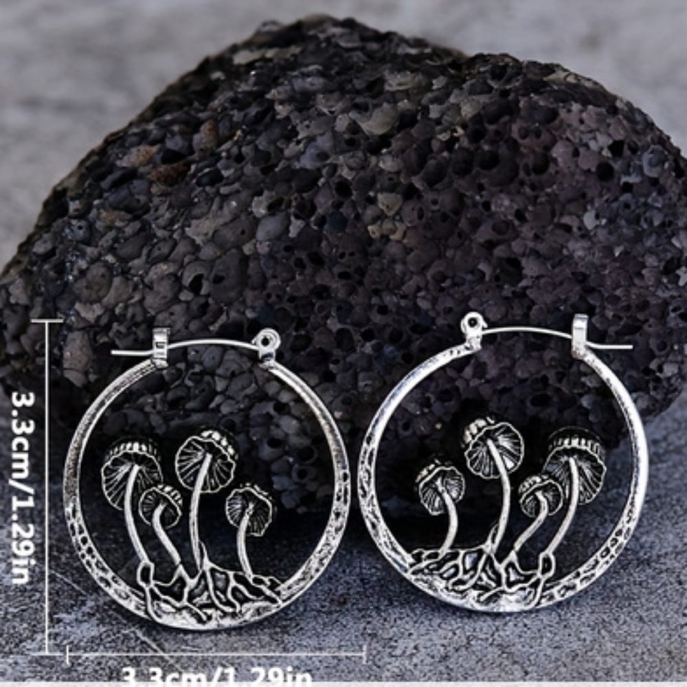 Antiqued Silver Mushroom Hoop Earrings - Picture 2 of 4